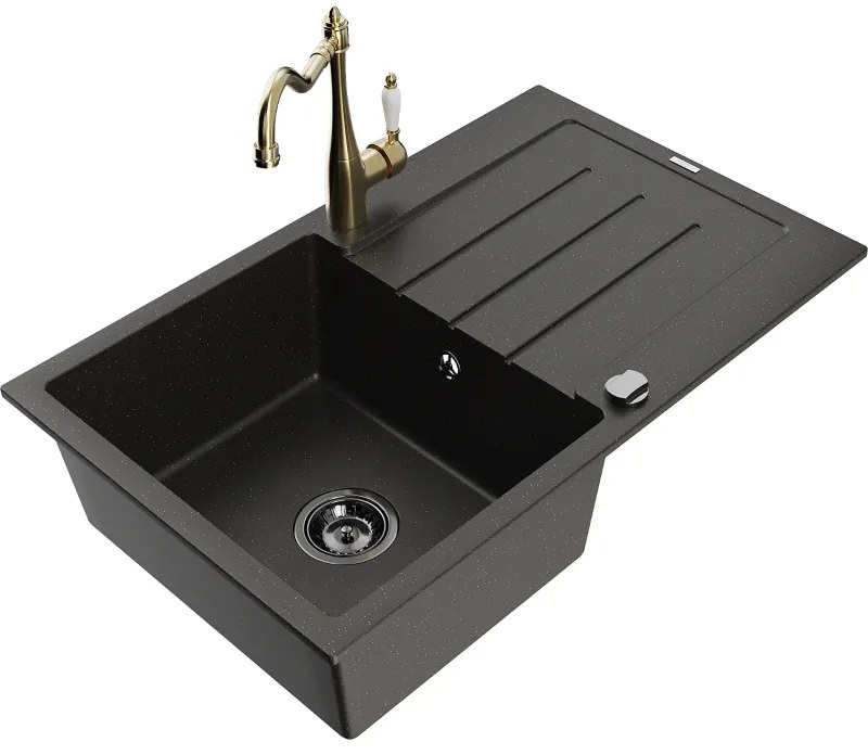 Mexen Bruno, granitový drez 795x495x200 mm, 1-komorový a drezová batéria Carla, čierna-zlatá metalíza, 6513-75-670700-50-B