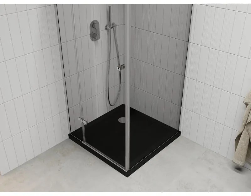Mexen Roma, sprchový kút s krídlovými dverami 80 (dvere) x 80 (stena) cm, 6mm číre sklo, chrómový profil + slim sprchová vanička čierna + chrómový sifón, 854-080-080-01-00-4070