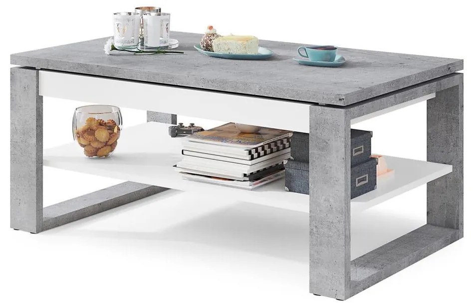 Konferenčný stôl so zdvíhacou doskou a policou NEA šedý betón/biela