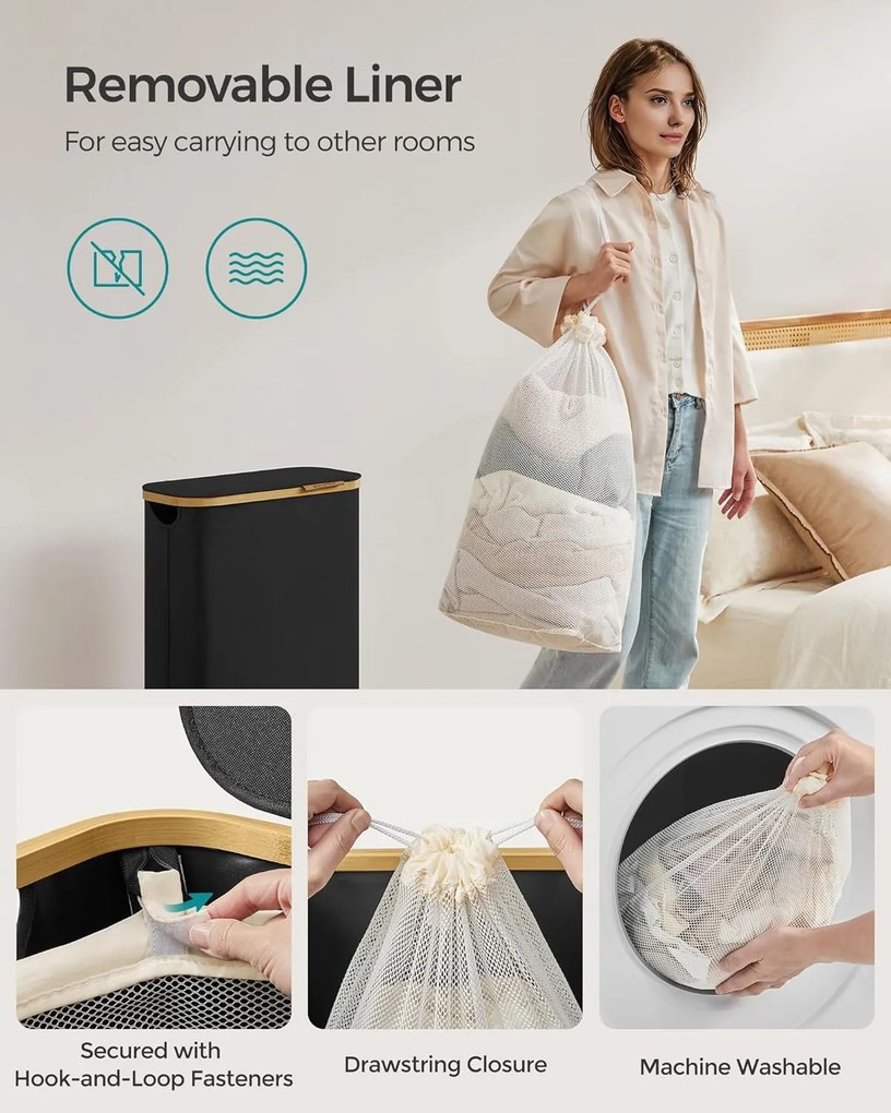 65l koš na prádlo s viečkom, úzky dizajn, 42 × 22,5 × 70,5 cm, čierny