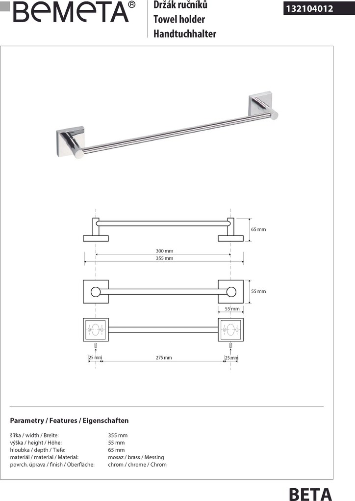 Bemeta Design BETA: Držiak uterákov, 300 mm - 132104012