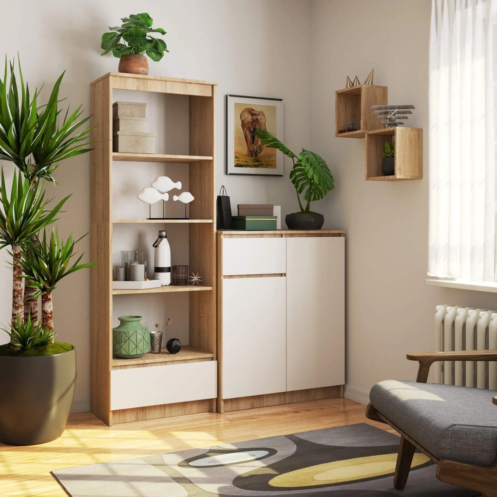 Kancelársky regál Rexa 60 cm 1 zásuvka a 4 police dub sonoma/biely