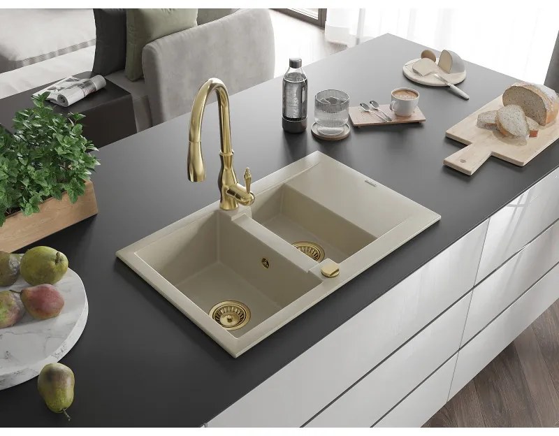 Mexen Gaspar, 1,5-komorový granitový drez 737x475x177 mm a drezová batéria Savita, béžová, 6507-69-672601-50