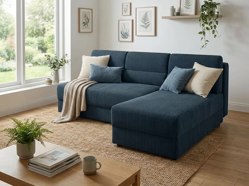 Rozkladacia obojstranná sedacia súprava do L TAVERO SLIM 201x140 cm, tmavomodrá