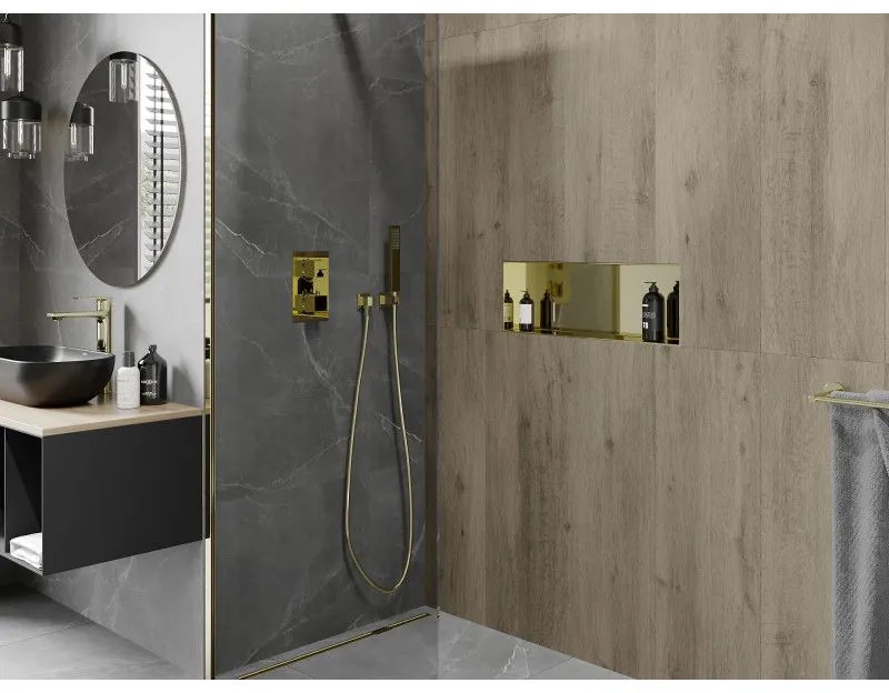 Mexen X-Wall-NR, polička na zapustenie pod obklad bez goliera 60 x 20 cm, zlatá lesklá, 1951602010