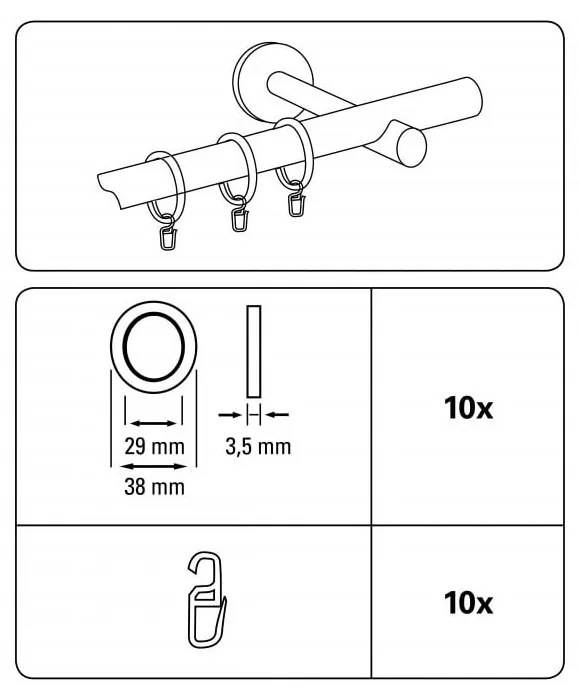 Krúžky na záclony s vložkou a háčikom v súprave 10 ks Elba - Gardinia