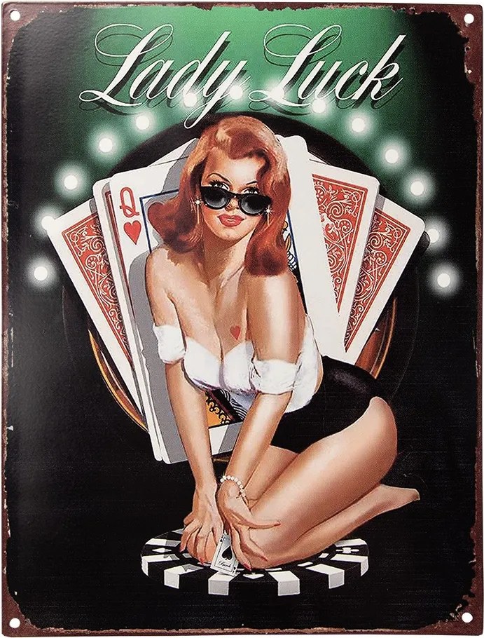 Čierna antik nástenná kovová ceduľa Lady Luck - 25*1*33 cm