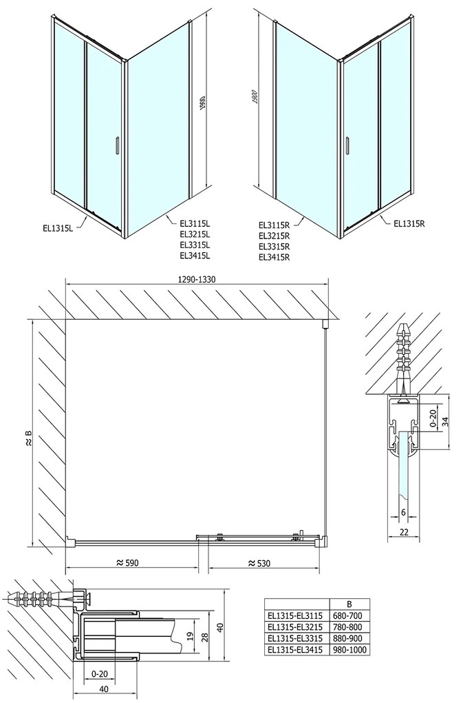 Polysan Polysan, Easy Line obdĺžniková sprchová zástena 1300x900mm L/P varianta, EL1315EL3315