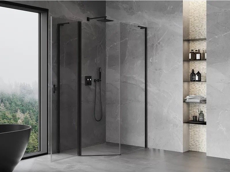 Mexen Mist L, päťuholníkový sprchový kút s krídlovými dverami, 80 x 90 cm, 8mm číre sklo, čierny profil, 8A8L-080-090-70-00