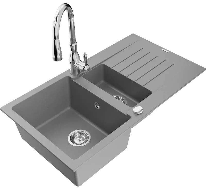 Mexen Matias, 1,5-komorový granitový drez 900x505x200 mm a drezová batéria Savita, šedá, 6502-71-672601-00