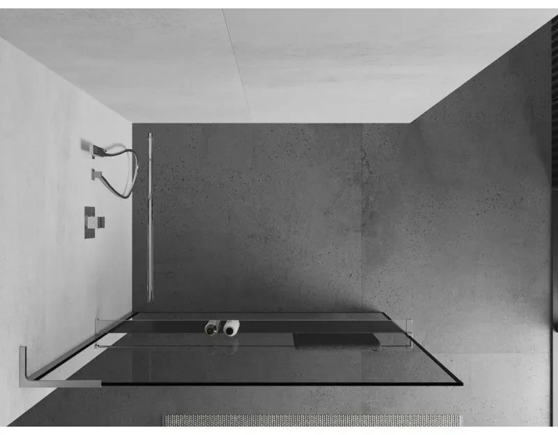 Mexen Kioto+ L, sprchová zástena Walk-In s poličkou a vešiakom 120 x 200 cm, 8mm číre sklo čierny vzor, chrómový profil, 800-120-123-01-70
