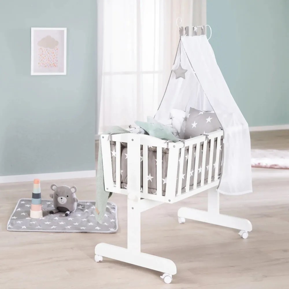 Biela kolíska na kolieskach s baldachýnom 40x90 cm Little stars – Roba