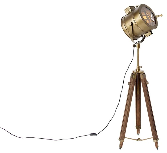 Trojnohá stojaca lampa bronzová s dreveným štúdiovým bodovým svetlom - Radient