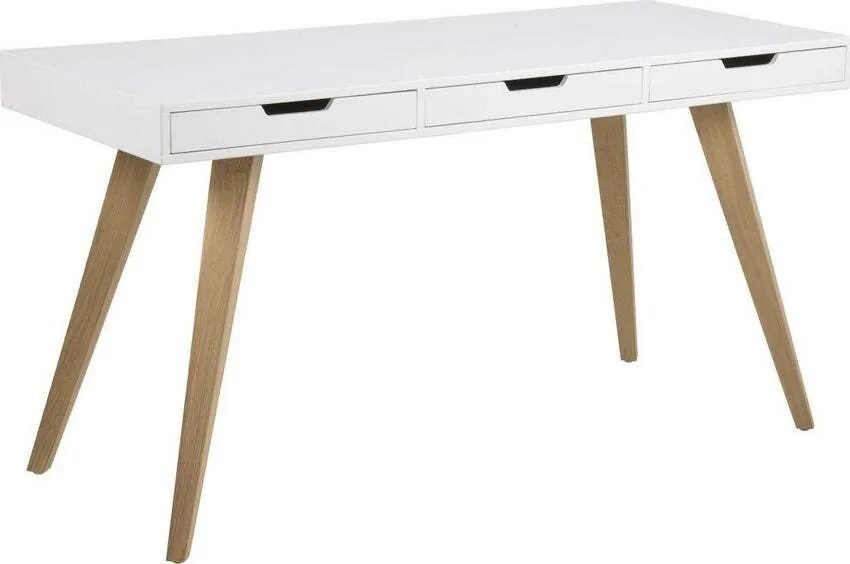 Zásuvkový písací stôl DOLMEN 140 cm biely, nohy jaseň prírodný