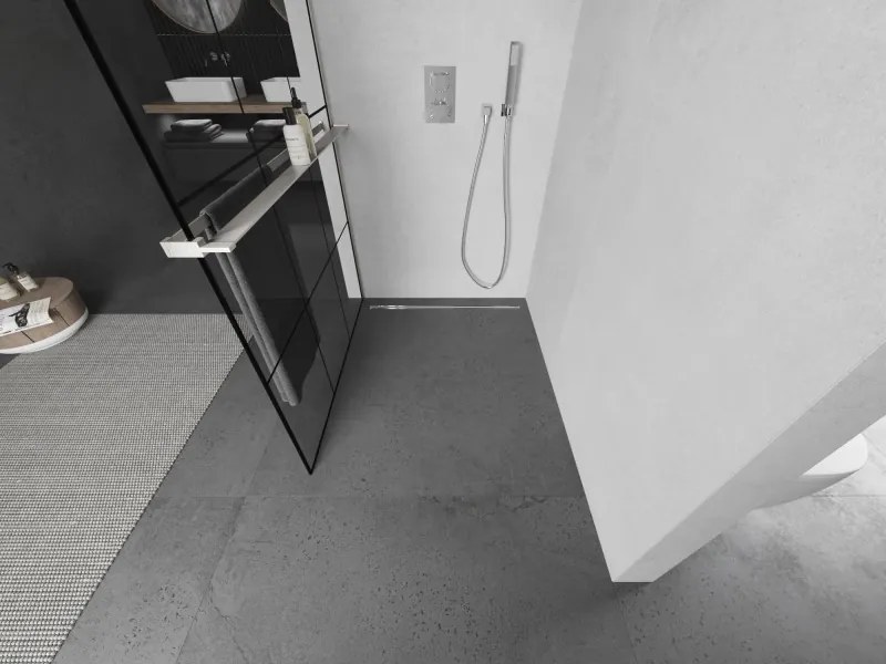 Mexen Kioto+, sprchová zástena Walk-In s poličkou a vešiakom 120 x 200 cm, 8mm číre sklo čierny vzor, brúsená oceľ profil, 800-120-121-97-77