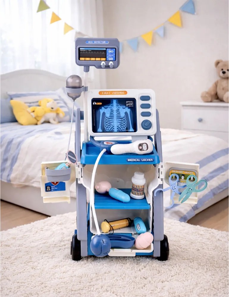 LEAN Toys Súprava malého lekára s vozíkom RTG a EKG, svetlá, modrá, 16 ks