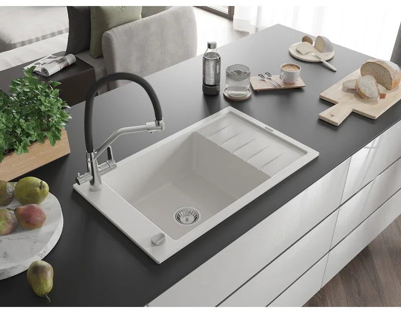 Mexen Elias, 1-komorový granitový drez 795x480x200 mm a drezová batéria Duo, biela, 6511-20-671701-07