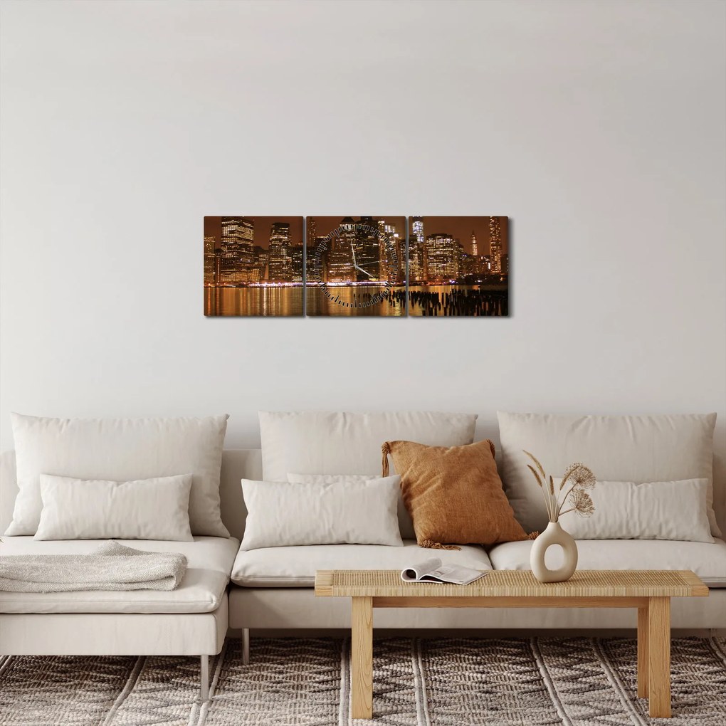 Obraz nočného mesta (s hodinami) (90x30 cm)