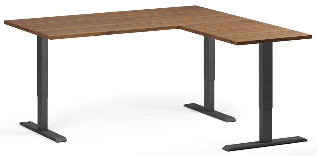 Výškovo nastaviteľný stôl, 160x160 cm, 3 motory, L/P, čierna podnož, orech