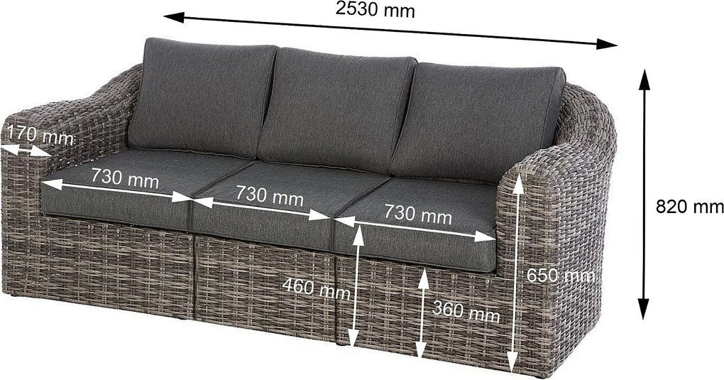 DEOKORK Ratanová lavica pre 3 osoby BORNEO LUXURY (sivá)