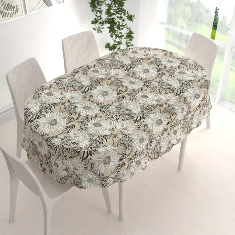 Biante Dekoračný oválny obrus PML-089 Biele kvety na béžovom 100x140 cm