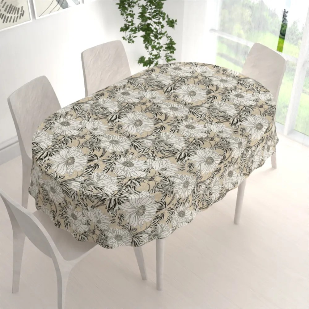 Biante Dekoračný oválny obrus PML-089 Biele kvety na béžovom 120x180 cm