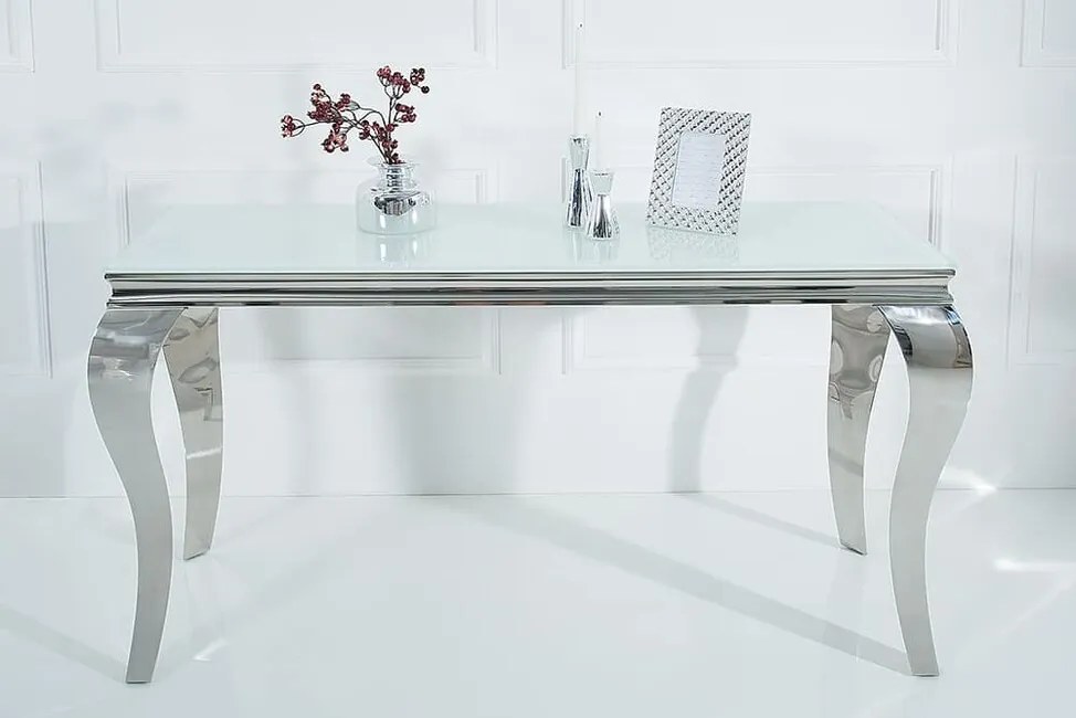 Sklenený konzolový stolík Barock White biela strieborná 145cm