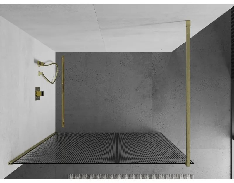 Mexen Kioto, sprchová zástena Walk-In 110 x 200 cm, 8mm sklo s rebrovým vzorom, zlatý matný profil, 800-110-101-55-09