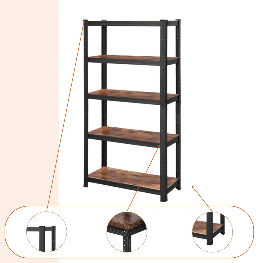 Policový regál DUSTY,5 políc, max 650kg, čierna/hnedá Jurhan
