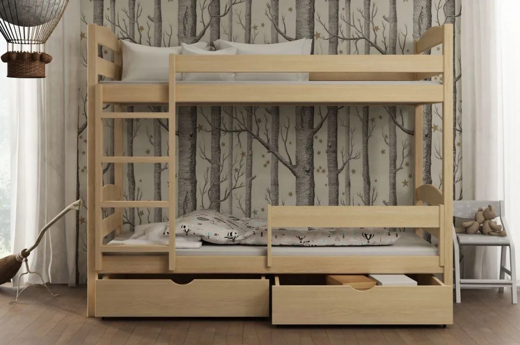 Detská poschodová posteľ z masívu borovice KAJETÁN so šuplíkmi - 200x90 cm - PRÍRODNÁ BOROVICA