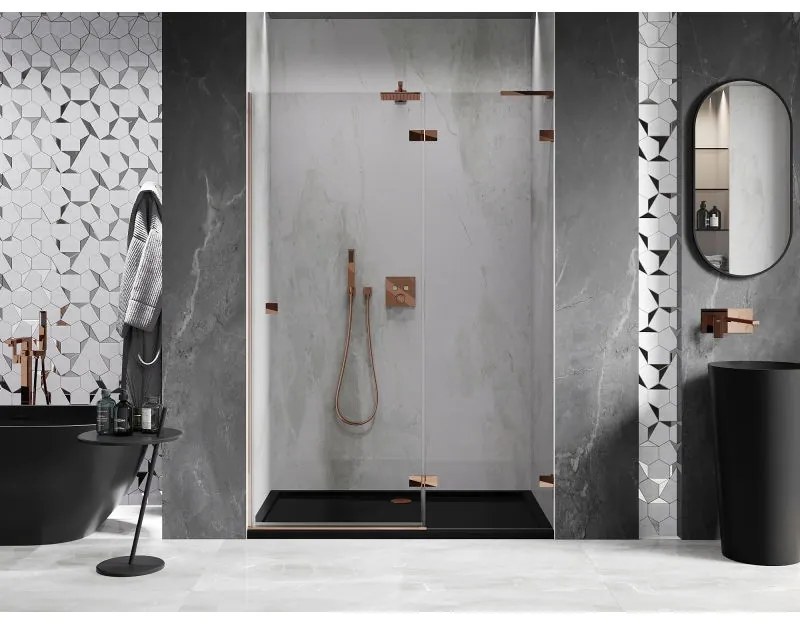 Mexen Lunar L, výklopné pravé sprchové dvere 135 cm, 8mm číre sklo, ružové zlato profil, 834L-135-000-60-00-P