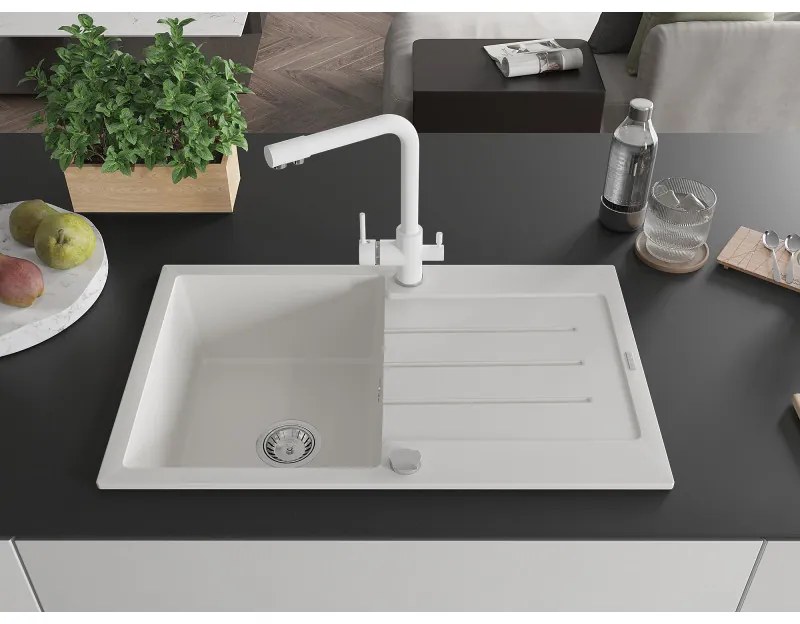 Mexen Bruno, 1-komorový granitový drez s odkvapkávačom 795x495x200 mm a biela batéria Duero, biela, 6513-20-671600-20