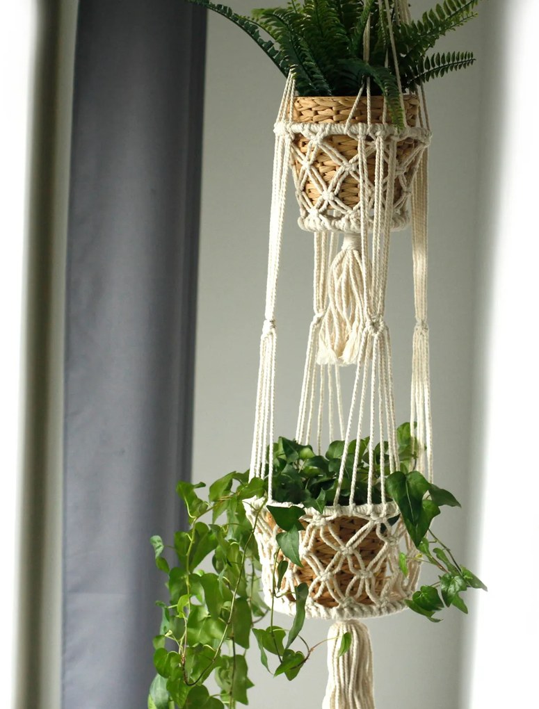 Macramé závesný držiak na dva kvetináče