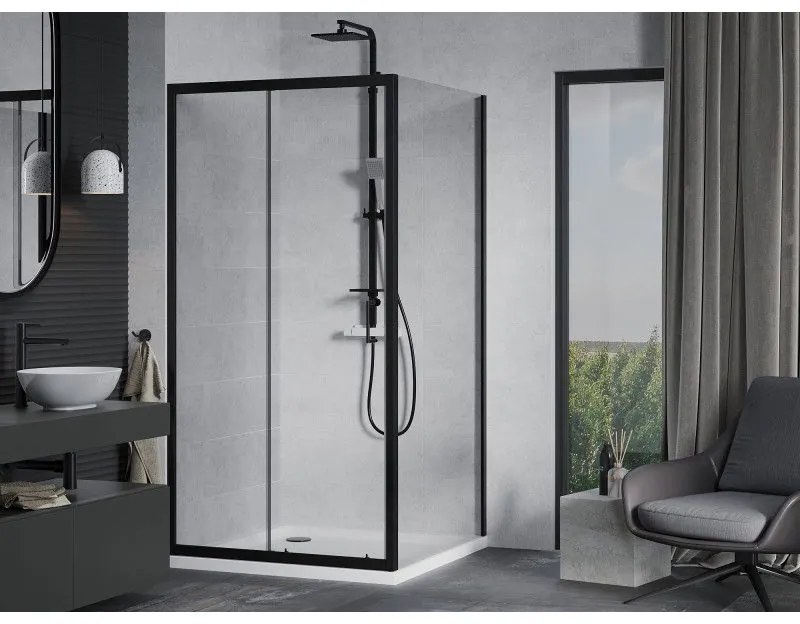 Mexen Apia, sprchový kút s posuvnými dverami 100 (dvere) x 100 (stena) cm, 6mm číre sklo, čierny profil + biela sprchová vanička, 840-100-100-70-00-4010B