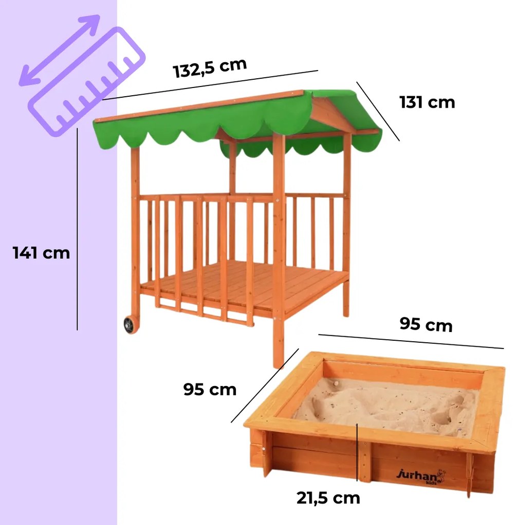 Pieskovisko s verandou HAPPY, 130x130x143cm, hnedá/zelená Jurhan