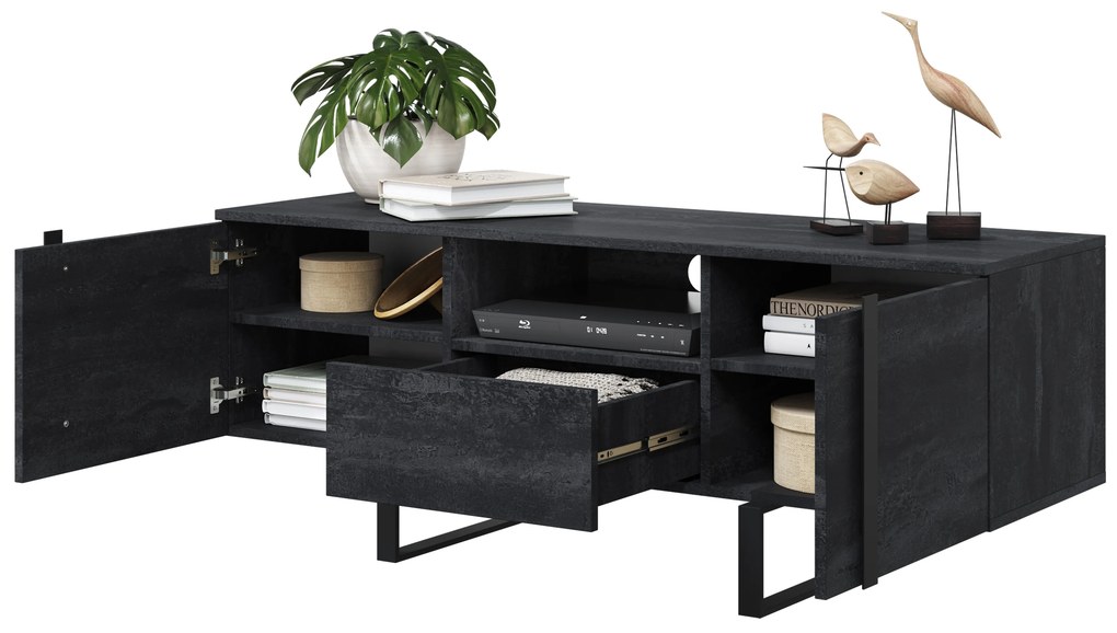 TV stolík Verica 150 cm s otvorenou policou - charcoal / čierne nožičky