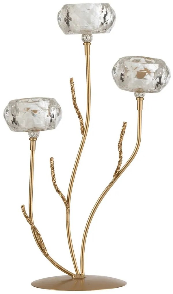 Zlatý kovový svietnik na 3 sviečky so sklenenými svietniky - 24 * 14 * 41cm