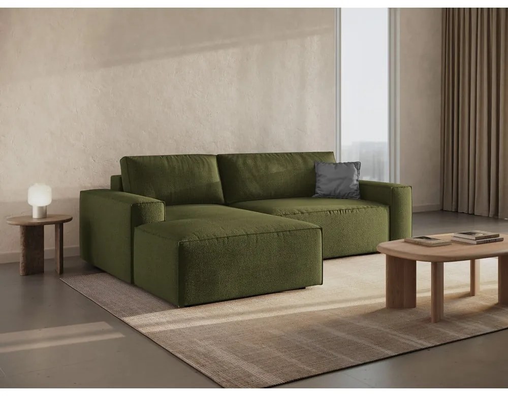 Tmavozelená rozkladacia rohová pohovka z textílie bouclé (ľavý roh) Jodie – Micadoni Home