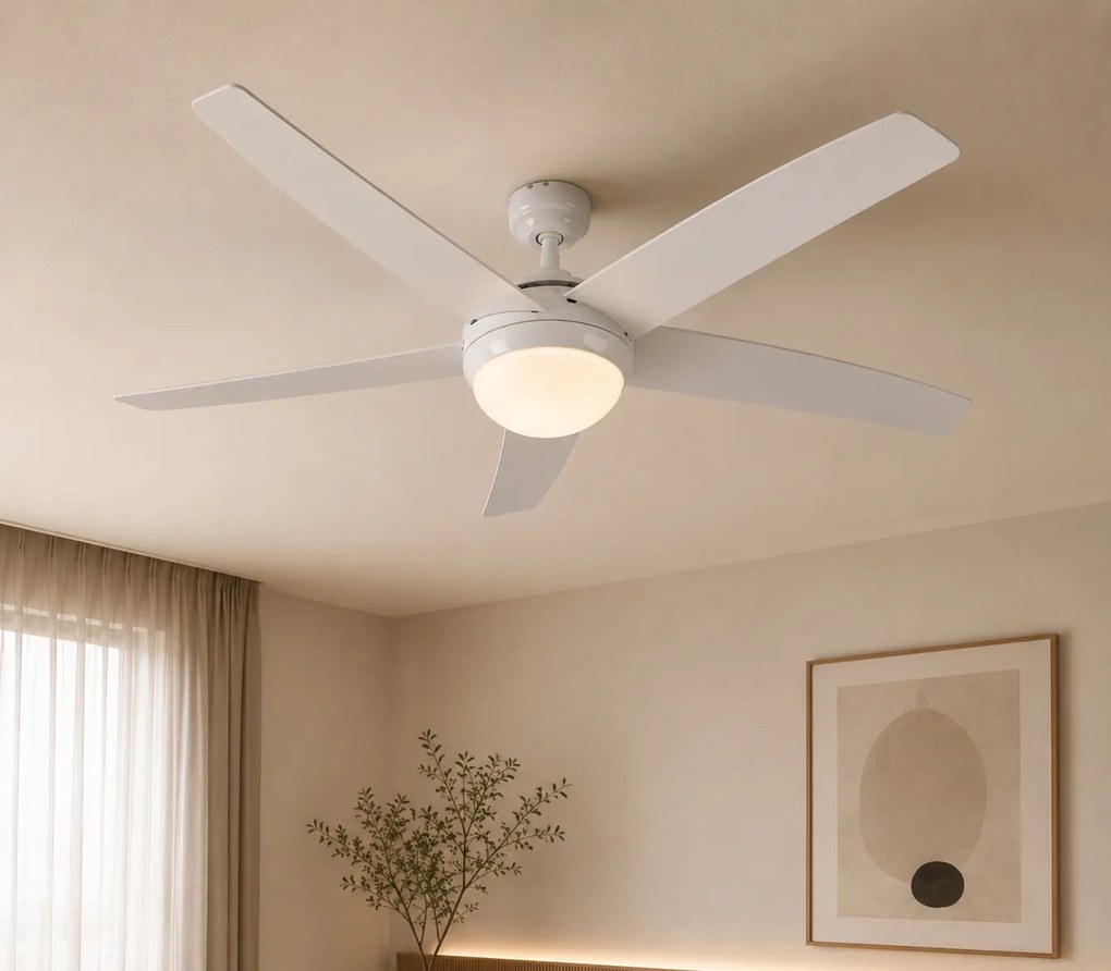 Stropný ventilátor biely s drevenou potlačou 132 cm s diaľkovým ovládaním - Cool