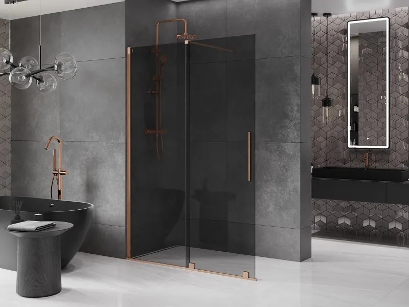 Mexen Velar, sprchová zástena s posuvnými dverami Walk-in 140 x 200 cm, 8mm šedé sklo, medená matná, 871-140-000-43-65