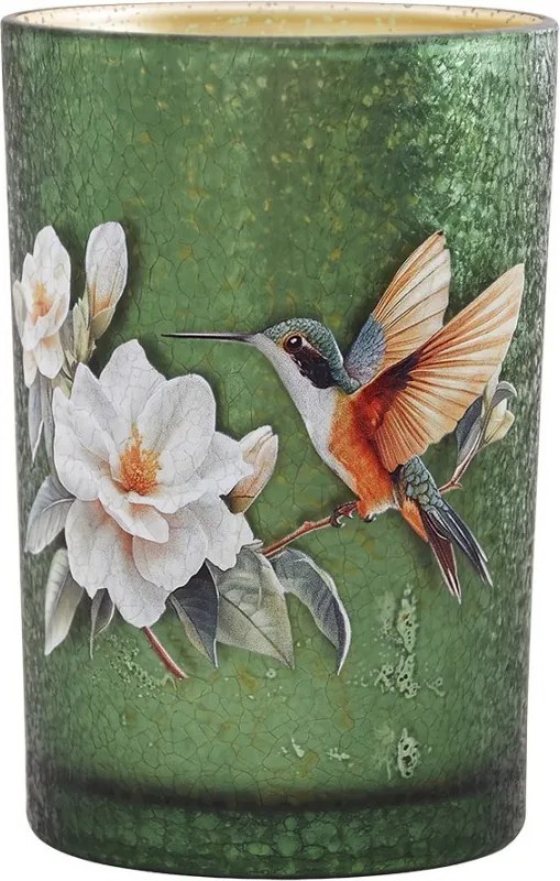 Zelený sklenený svietnik Kolibrík s kvetmi L - Ø 12*18 cm