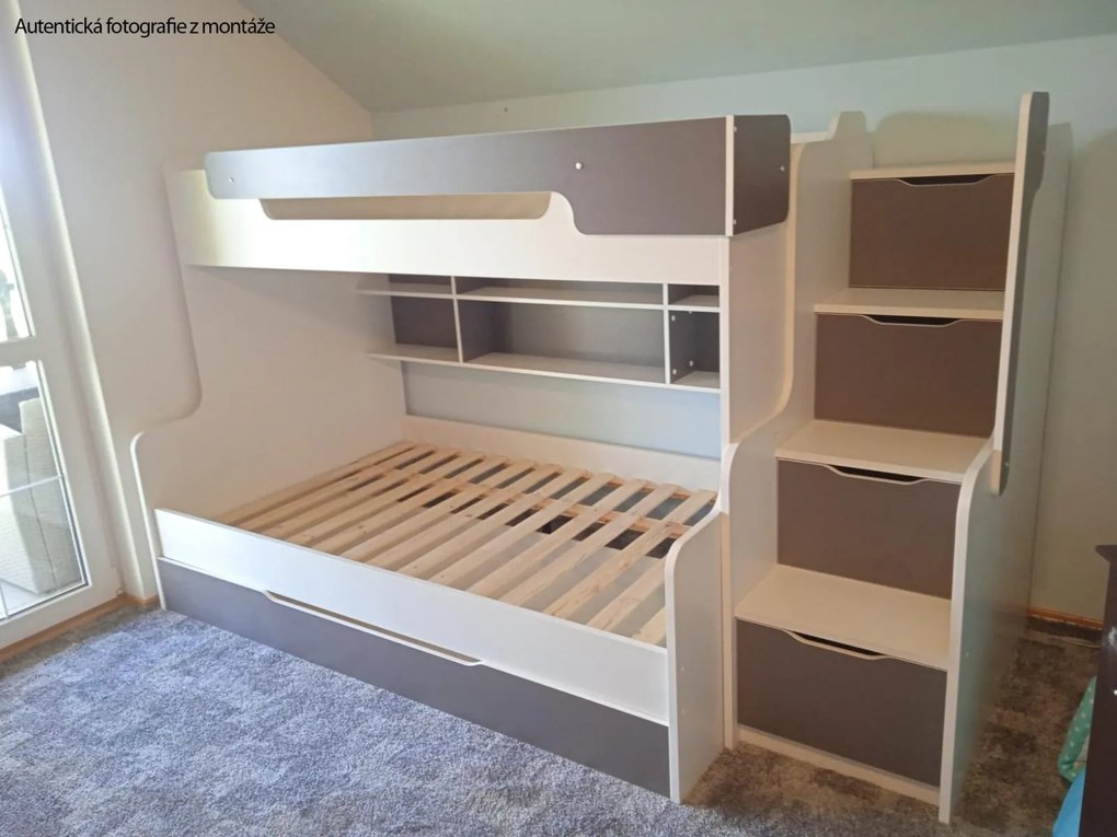 Detská poschodová posteľ s rozšíreným spodným lôžkom a zásuvkou HARRY bielo-šedá - 200x90/120 cm