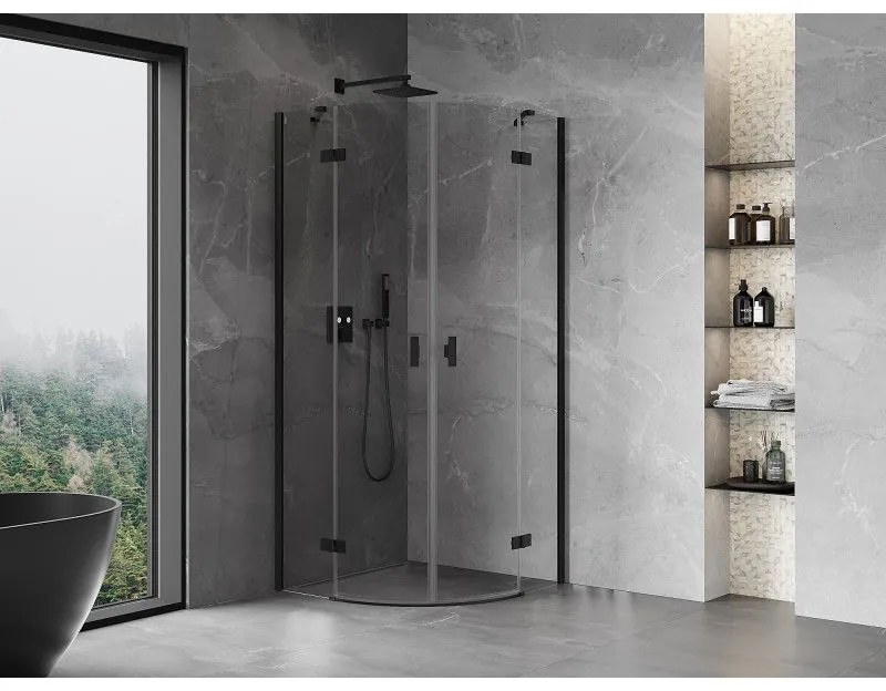 Mexen Mist, polkruhový výklopný sprchový kút 90 x 90 cm, číre sklo, čierny profil, 8A33-090-090-70-00
