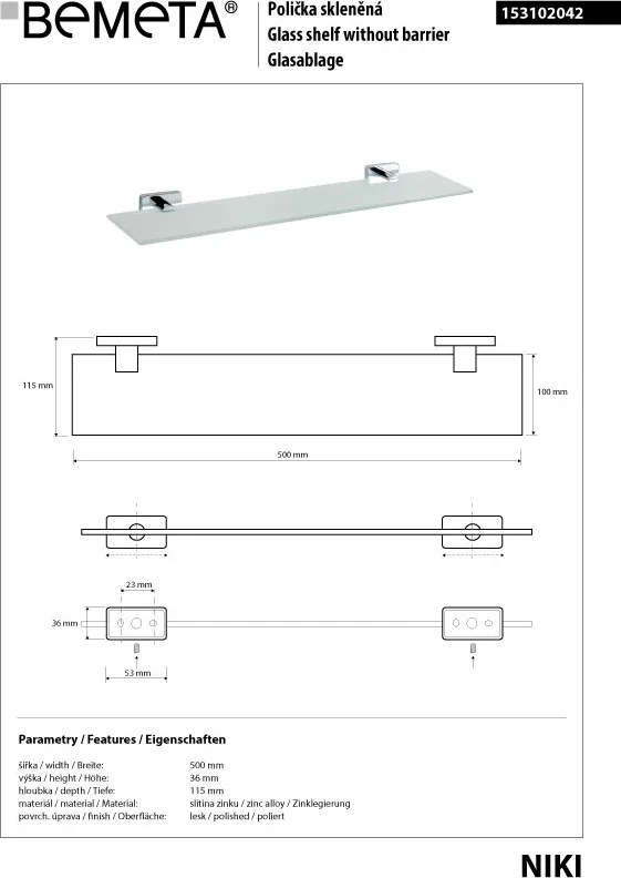 Bemeta Design NIKI: Polička, 500 mm, sklo - 153102042