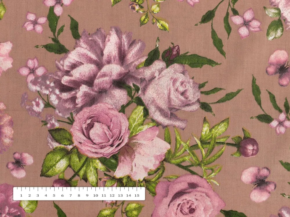 Biante Bavlnená obliečka na vankúš s lemom Sandra SA-554 Ruže a hortenzie na hnedom 50 x 50 cm