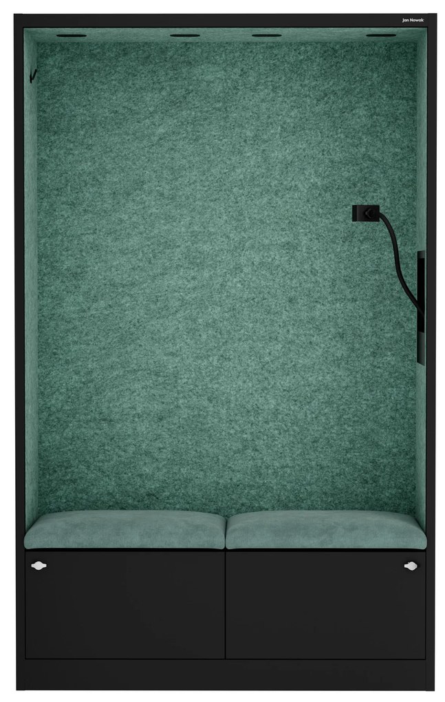 Kancelárska akustická kabína so sedadlom a portom USB-C, telo v čierny farbe / sedadlo v zelenej farbe, 1150 mm: SALLY MentalBox