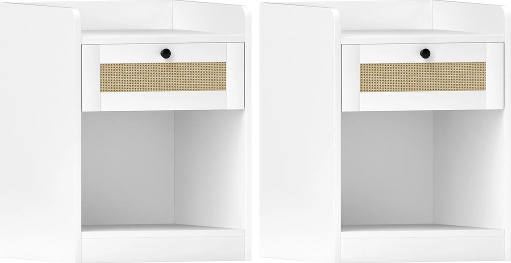 HOMCOM Sada 2 nočných stolíkov s ratanovou prednou zásuvkou 40x40x53 cm Biela | Aosom