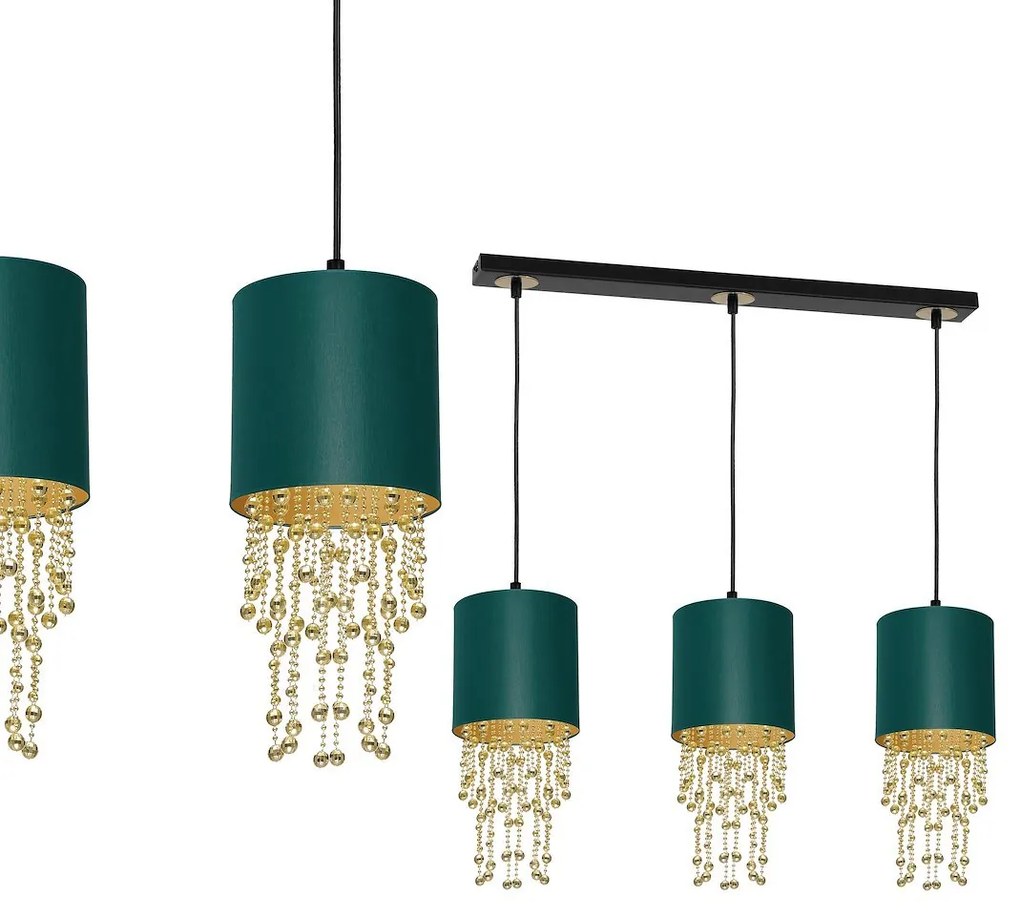 Závesné svietidlo Almeria, 3x kryštáliky/zelené textilné tienidlo, b/g