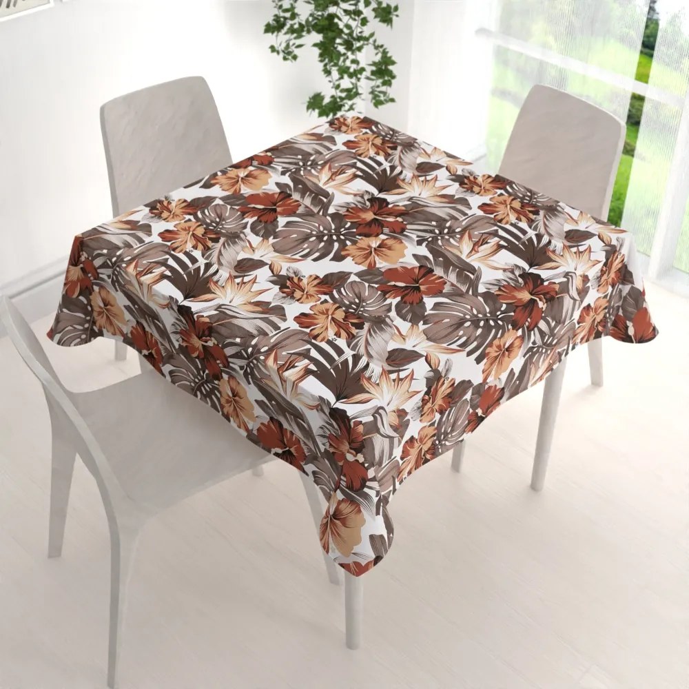 Biante Bavlnený štvorcový obrus Sandra SA-441 Hnedo-tehlové kvety a listy monstery 90x90 cm