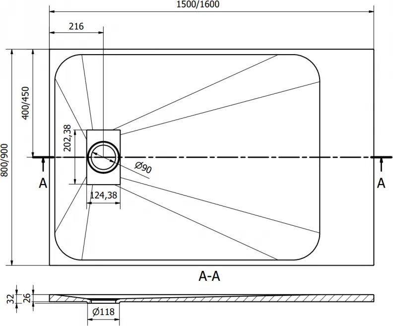 Mexen Hugo, obdĺžniková sprchová vanička SMC 160 x 90 cm, čierna, zlatá krytka, 42709016-G
